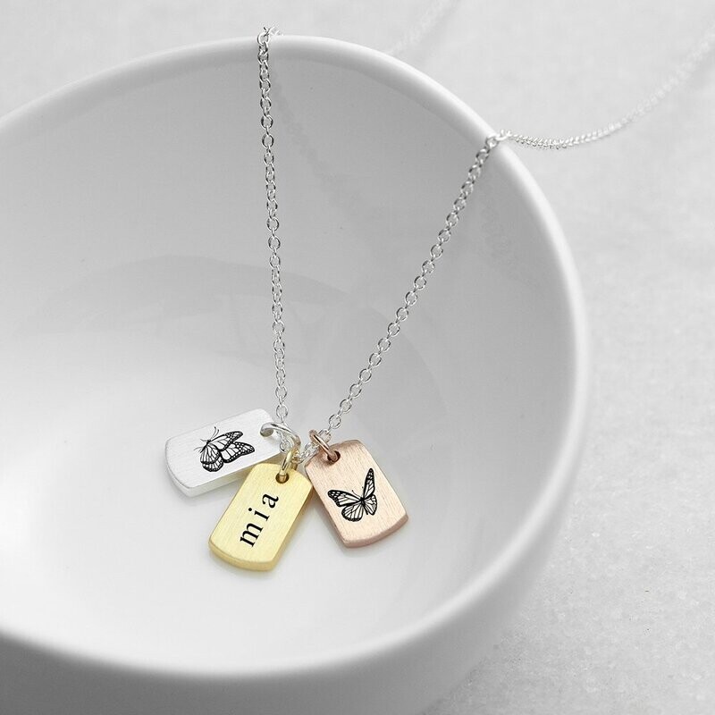 PERSONALISED NAME AND BUTTERFLY MINI TAG NECKLACE