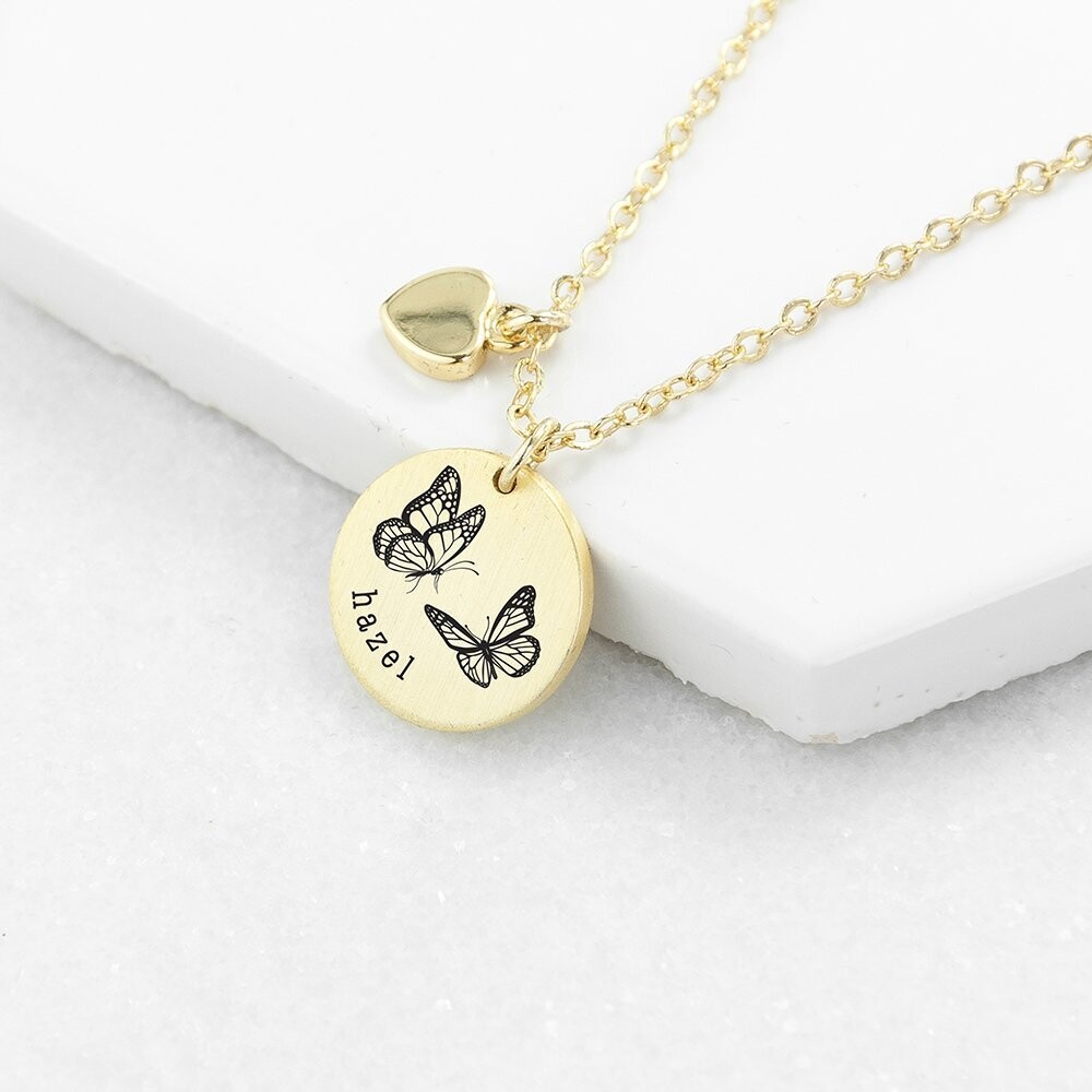PERSONALISED BUTTERFLY DANCE MATTE HEART &amp; DISC NECKLACE