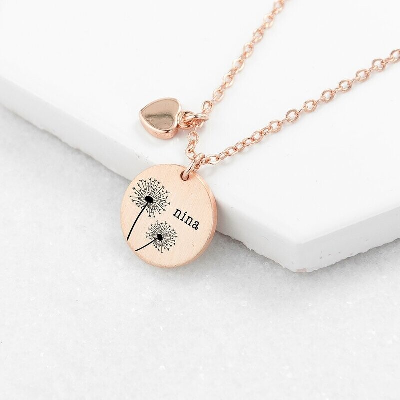 PERSONALISED DANDELION MATTE HEART &amp; DISC NECKLACE
