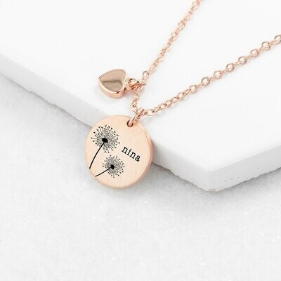 PERSONALISED DANDELION MATTE HEART & DISC NECKLACE