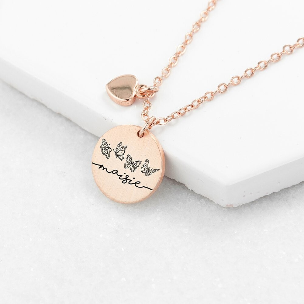 PERSONALISED BUTTERFLY ROW MATTE HEART &amp; DISC NECKLACE