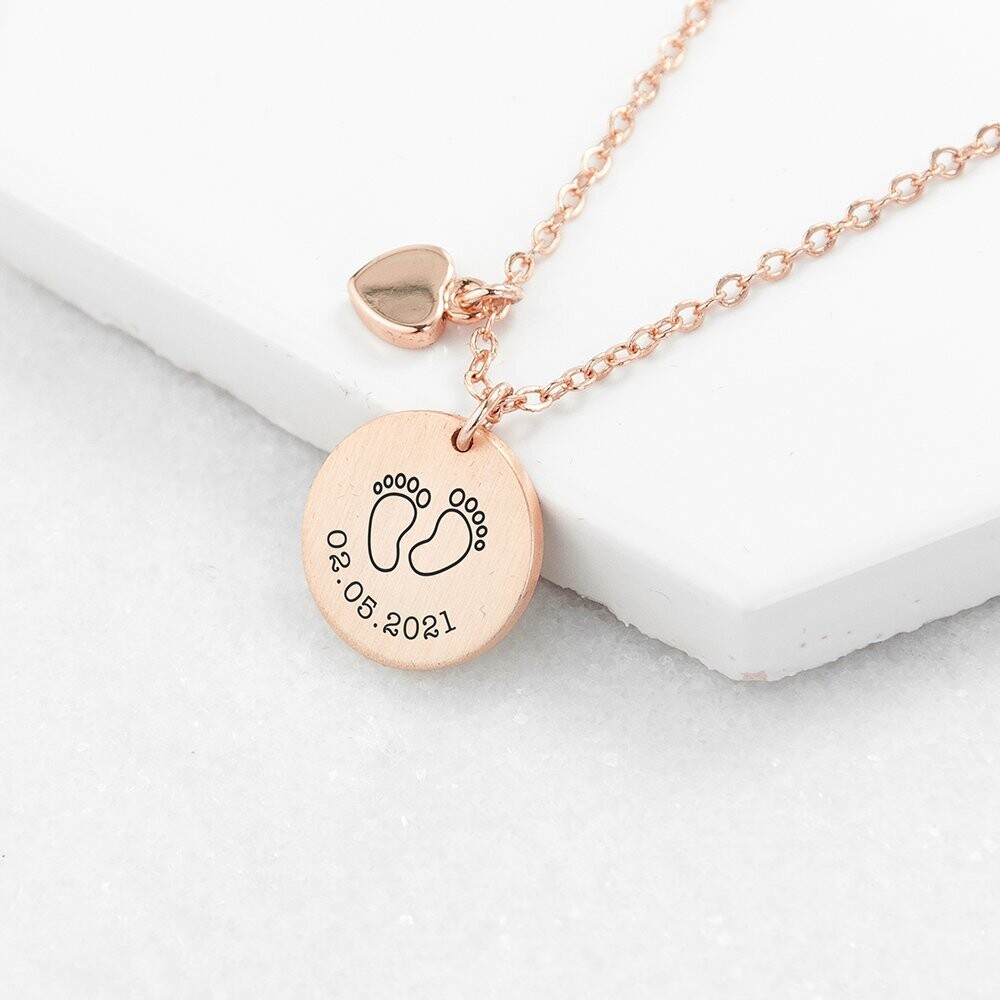 PERSONALISED BABY FEET MATTE HEART & DISC NECKLACE
