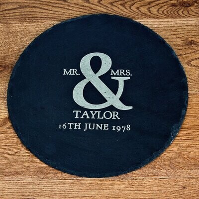 MR AND MRS ROMAN AMPERSAND ROUND SLATE CHEESE BOARD