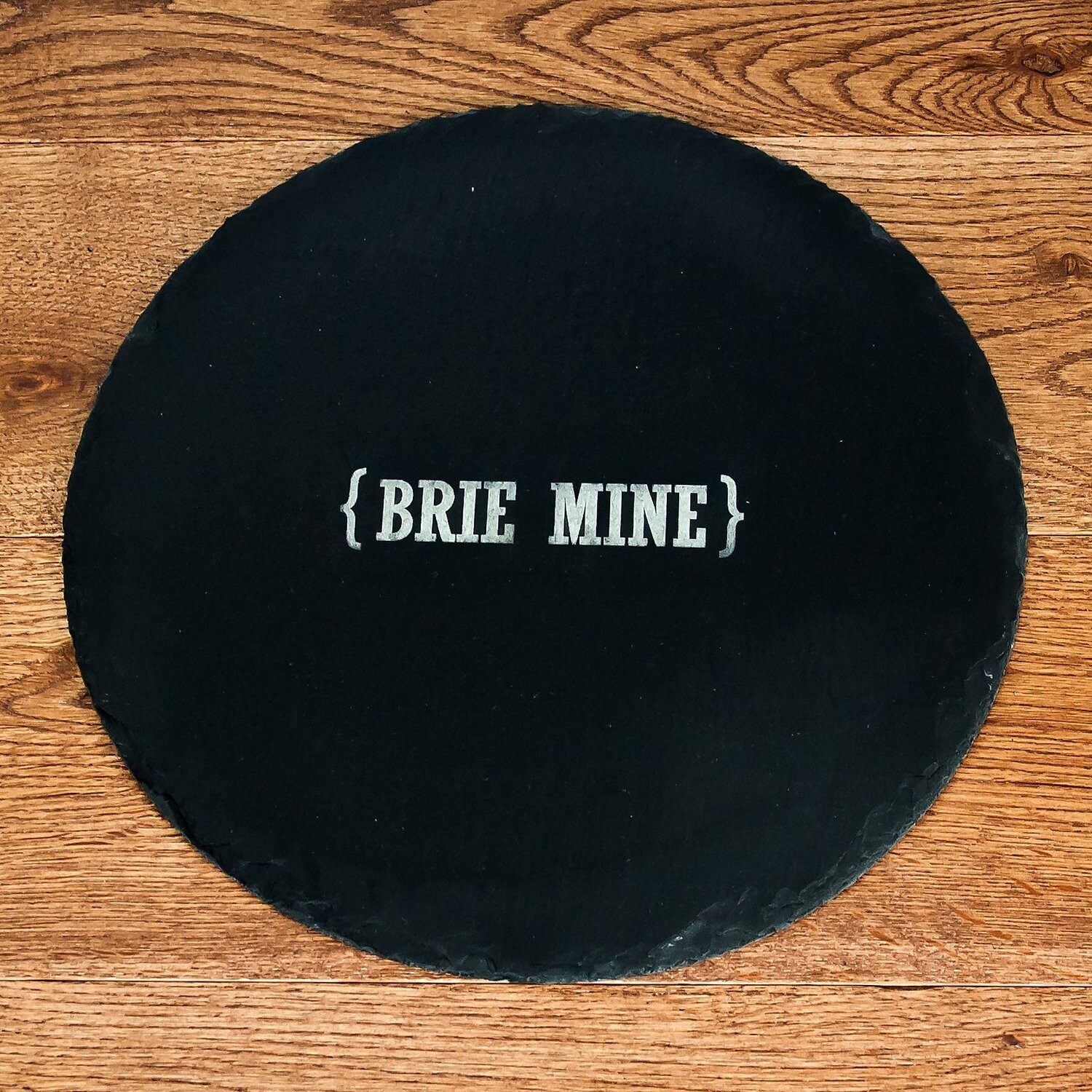 OPEN PERSONALISATION SWIRL BRACKETS ROUND SLATE CHEESE BOARD