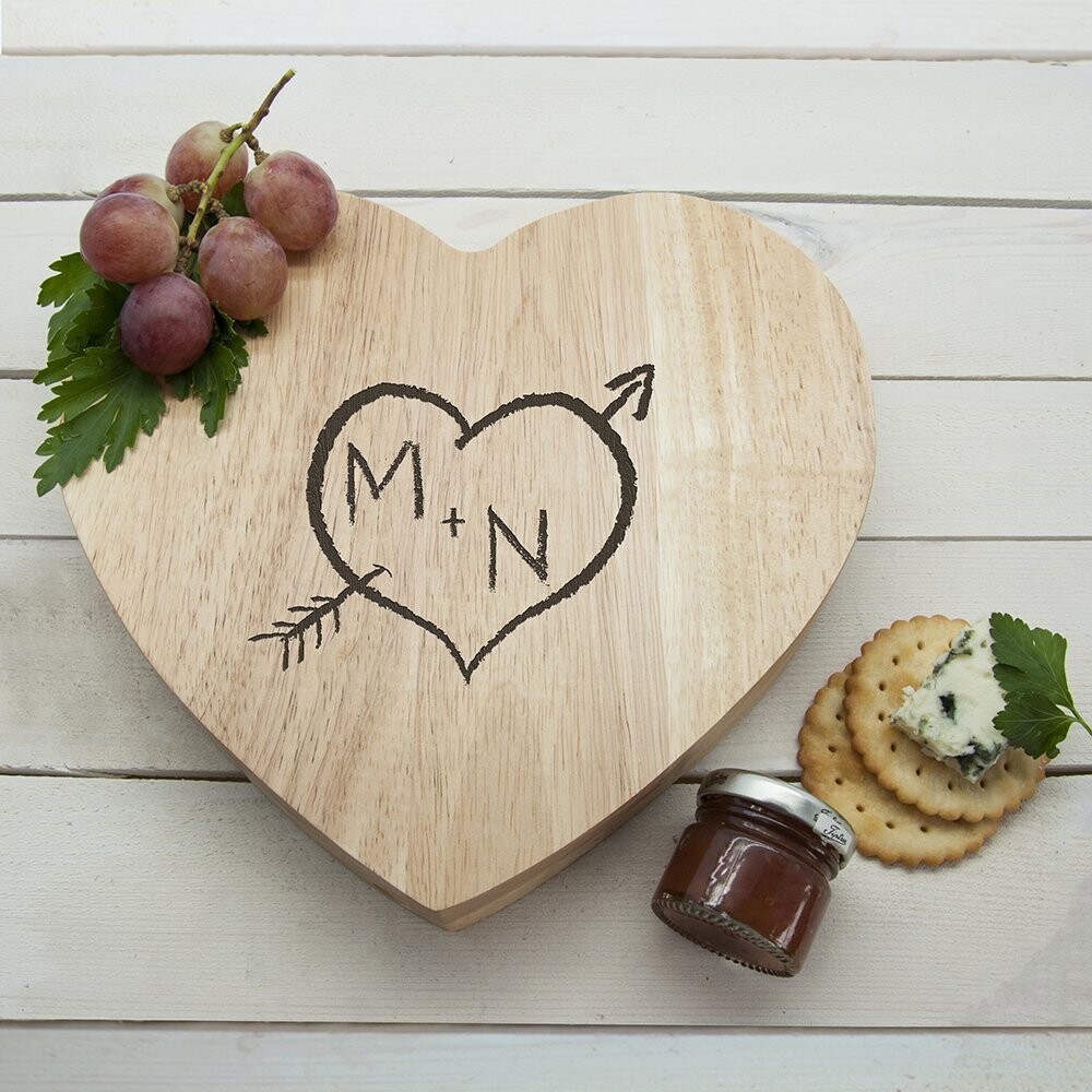 ENGRAVED CARVED HEART CHEESE BOARD