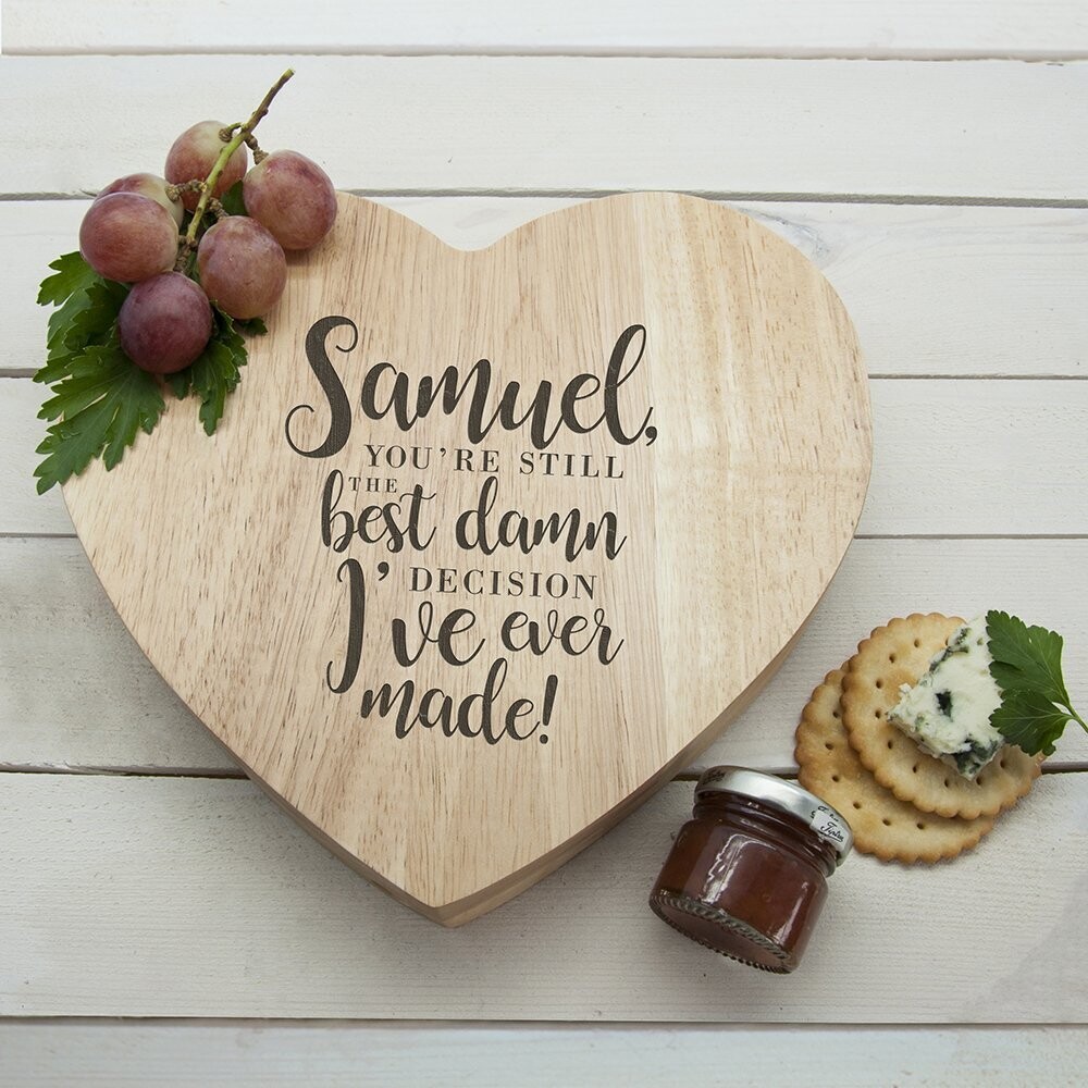 ENGRAVED VALENTINE&#39;S BEST DAMN DECISION HEART CHEESE BOARD