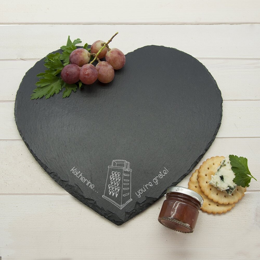 ROMANTIC PUN &quot;YOU&#39;RE GRATE&quot; HEART SLATE CHEESE BOARD