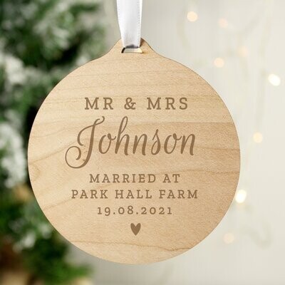 Personalised Mr &amp; Mrs Round Wooden Decoration