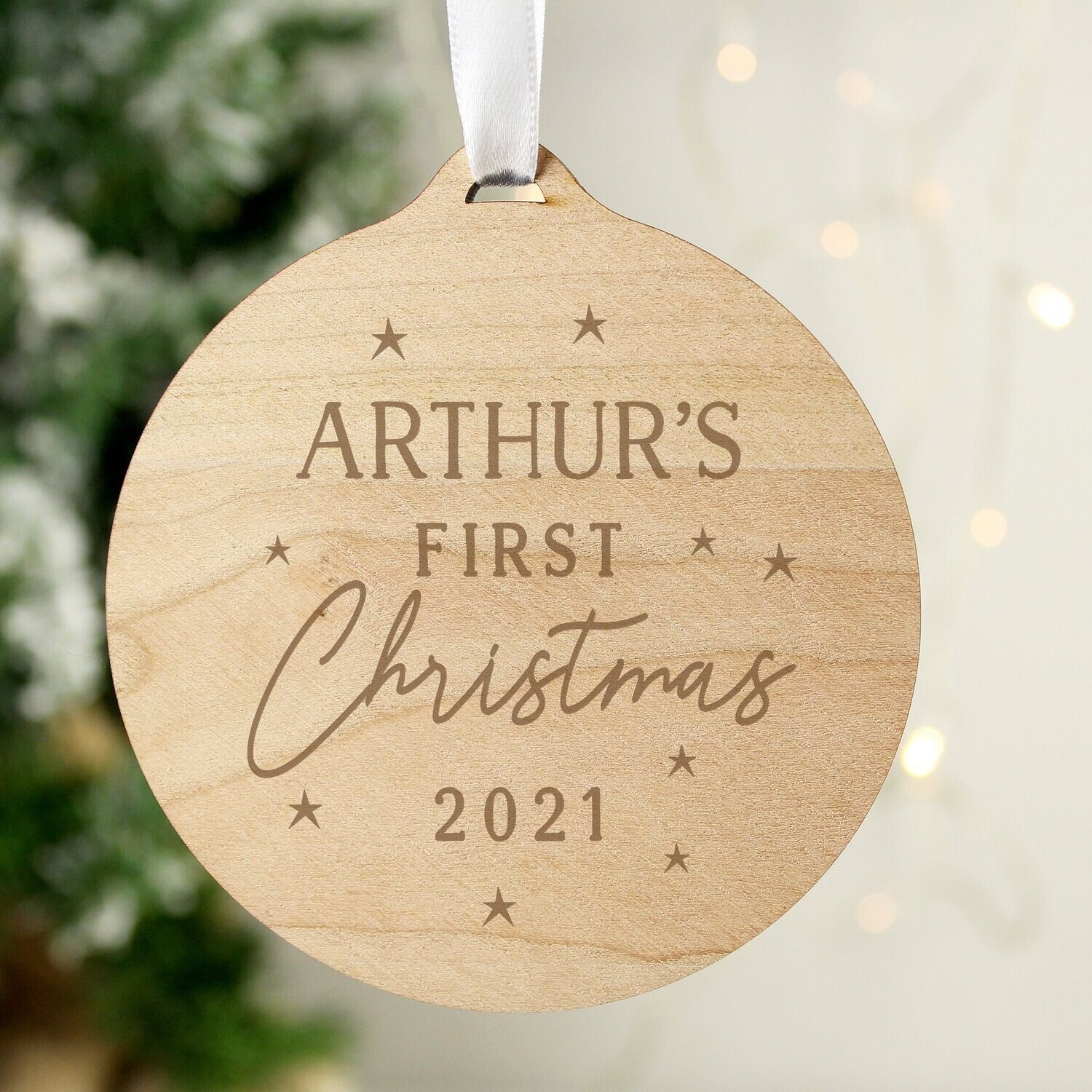 Personalised Baby&#39;s First Christmas Round Wooden Decoration
