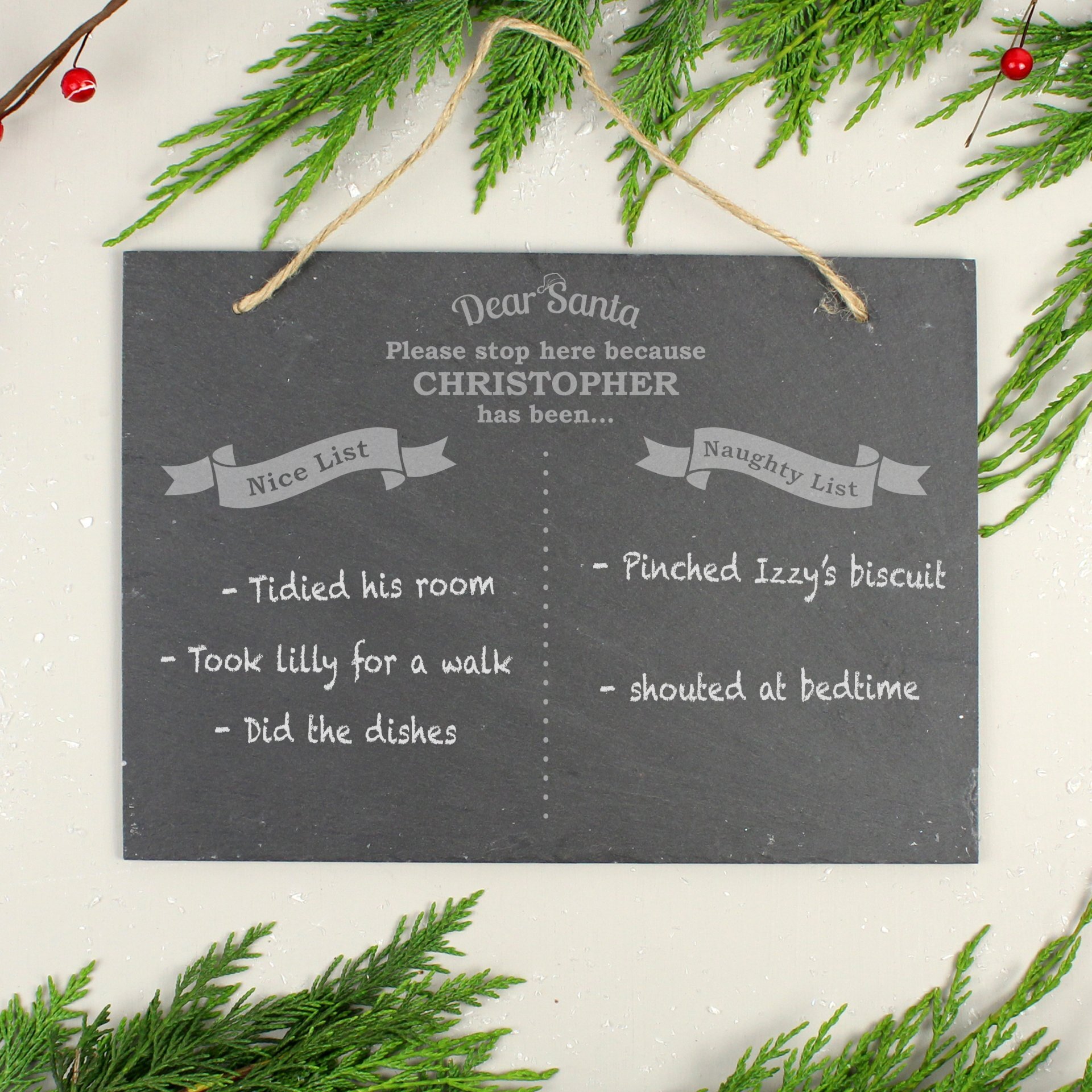 Personalised Christmas Naughty & Nice Hanging Large Slate Sign