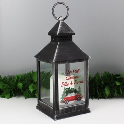 Personalised &#39;Driving Home For Christmas&#39; Rustic Black Lantern