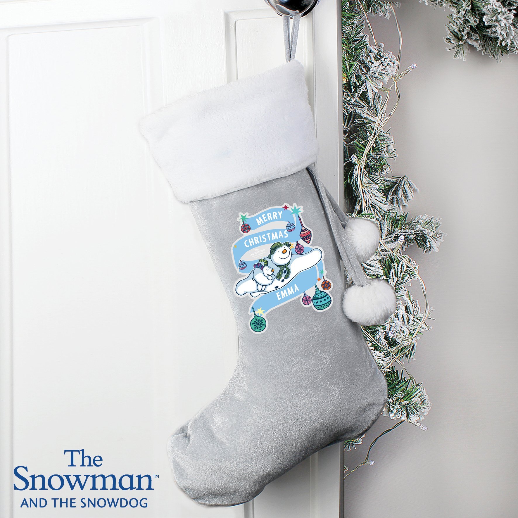 Personalised The Snowman and the Snowdog Luxury Silver Grey Stocking