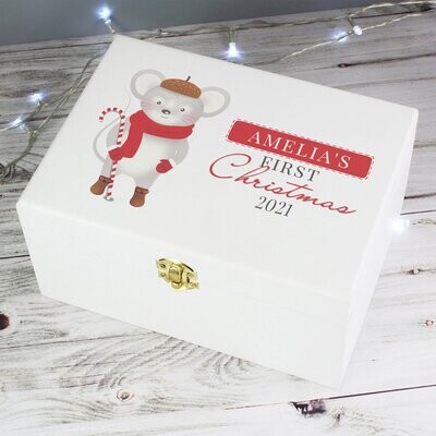 Personalised &#39;1st Christmas&#39; Mouse White Wooden Keepsake Box