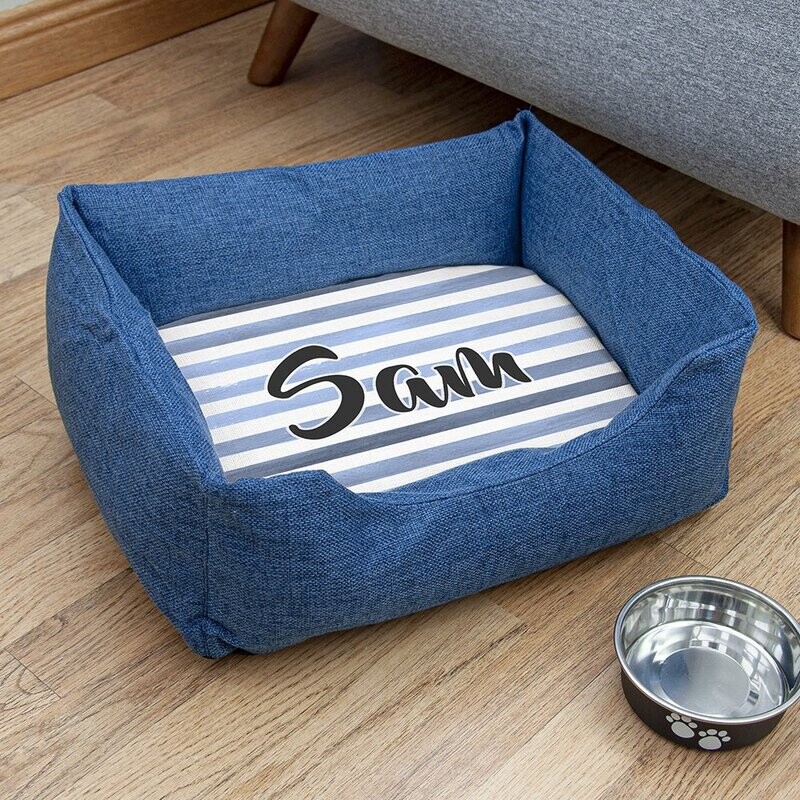 BLUE COMFORT DOG BED WITH BLUE STRIPED DESIGN