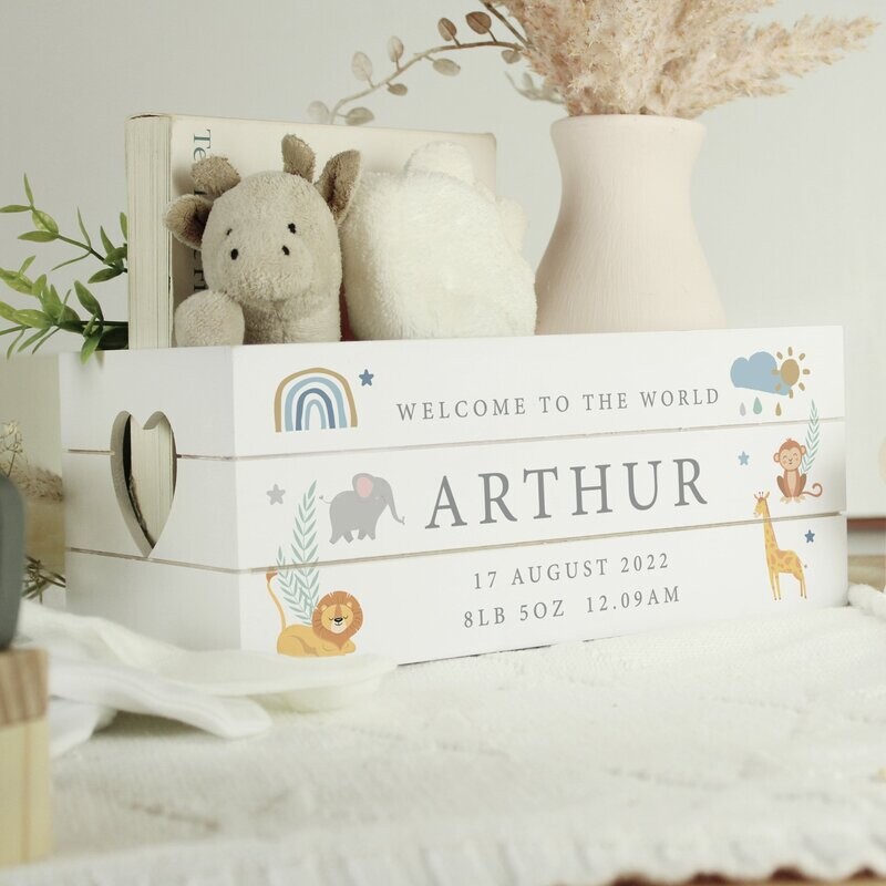 Safari Animals White Wooden Crate