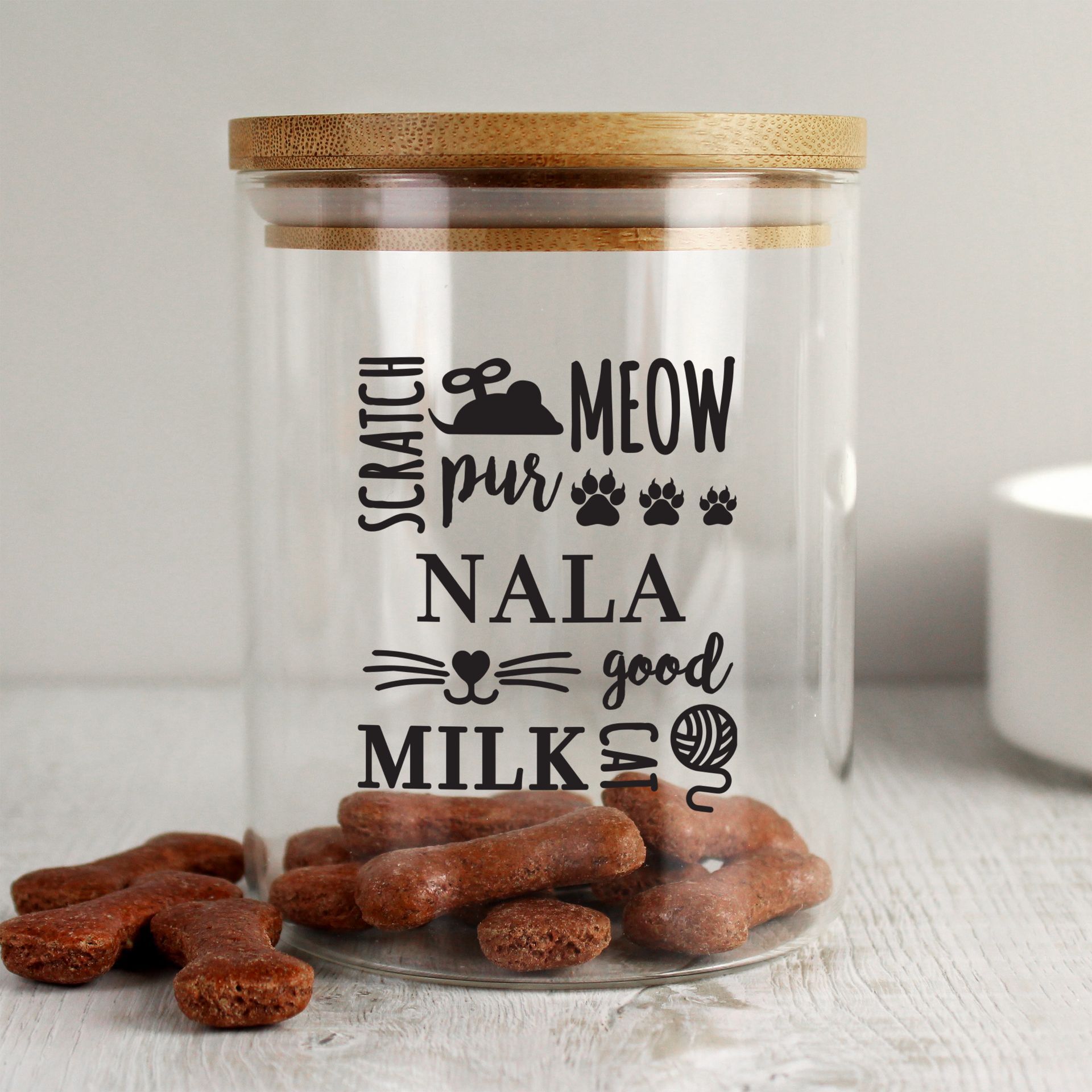 Glass Cat Treat jar with Bamboo Lid