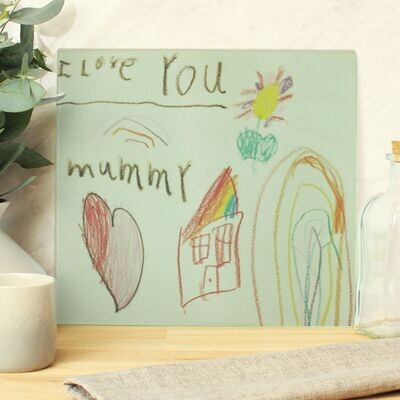 Childrens Drawing Photo Upload Glass Chopping Board/Worktop Saver