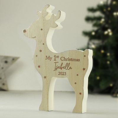 Personalised &#39;1st Christmas&#39; Rustic Wooden Reindeer Decoration