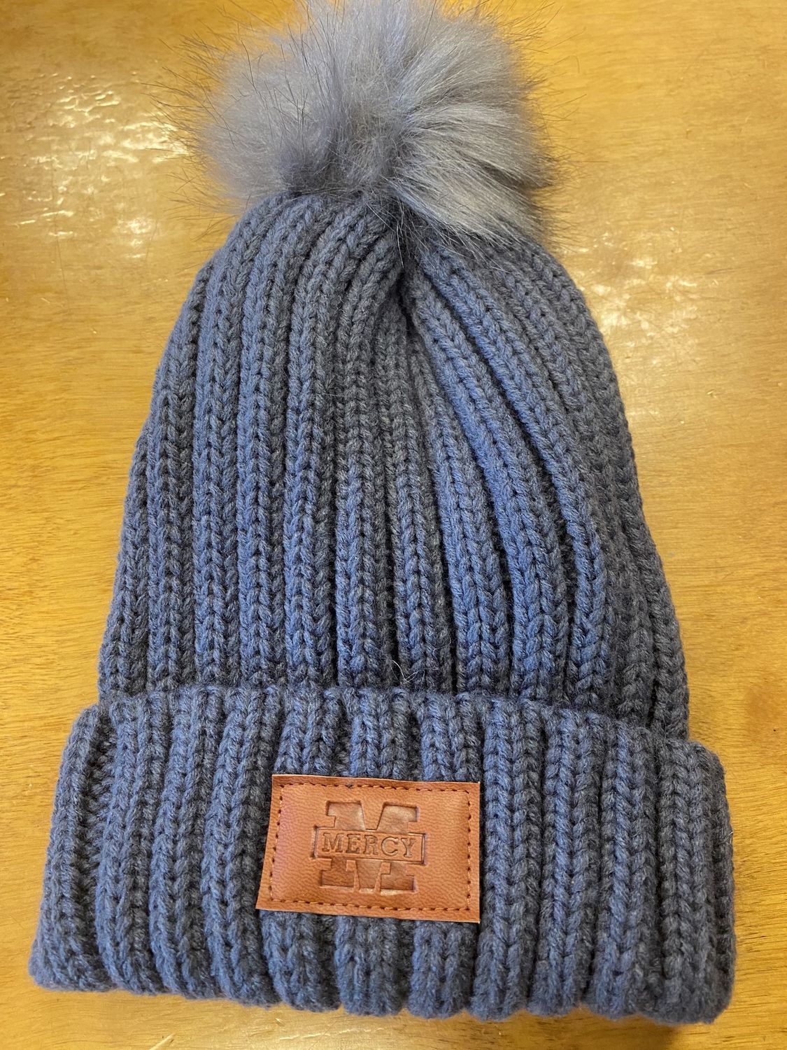 Rib knit cuff Beanie with pompom  (grey)
