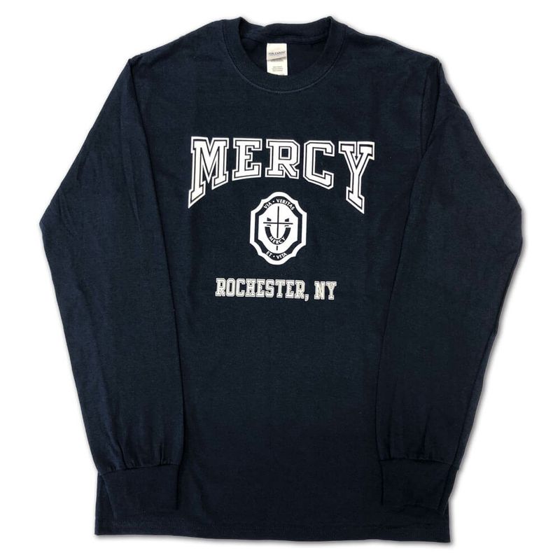 Ultra Cotton Long Sleeve Youth T-Shirt with Mercy Crest â Navy Blue