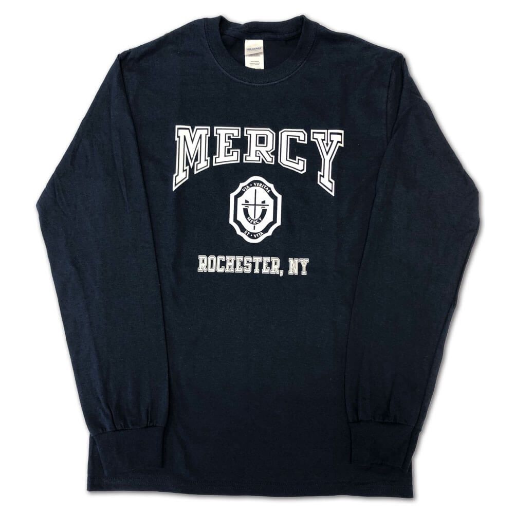 Ultra Cotton Long Sleeve T-Shirt with Mercy Crest - Navy Blue, Sizes: Small