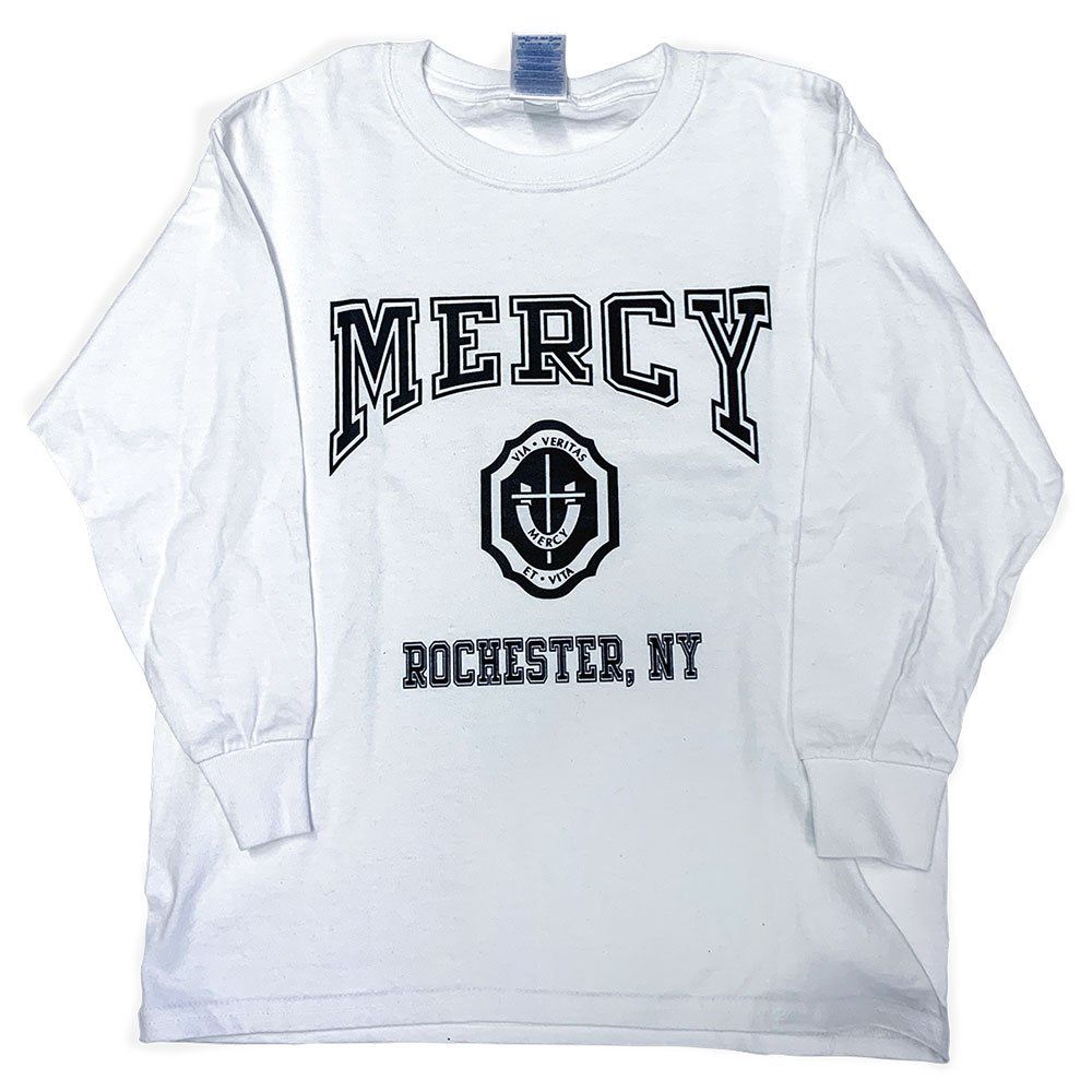 Ultra Cotton Long Sleeve T-Shirt with Mercy Crest - White, Sizes: Small