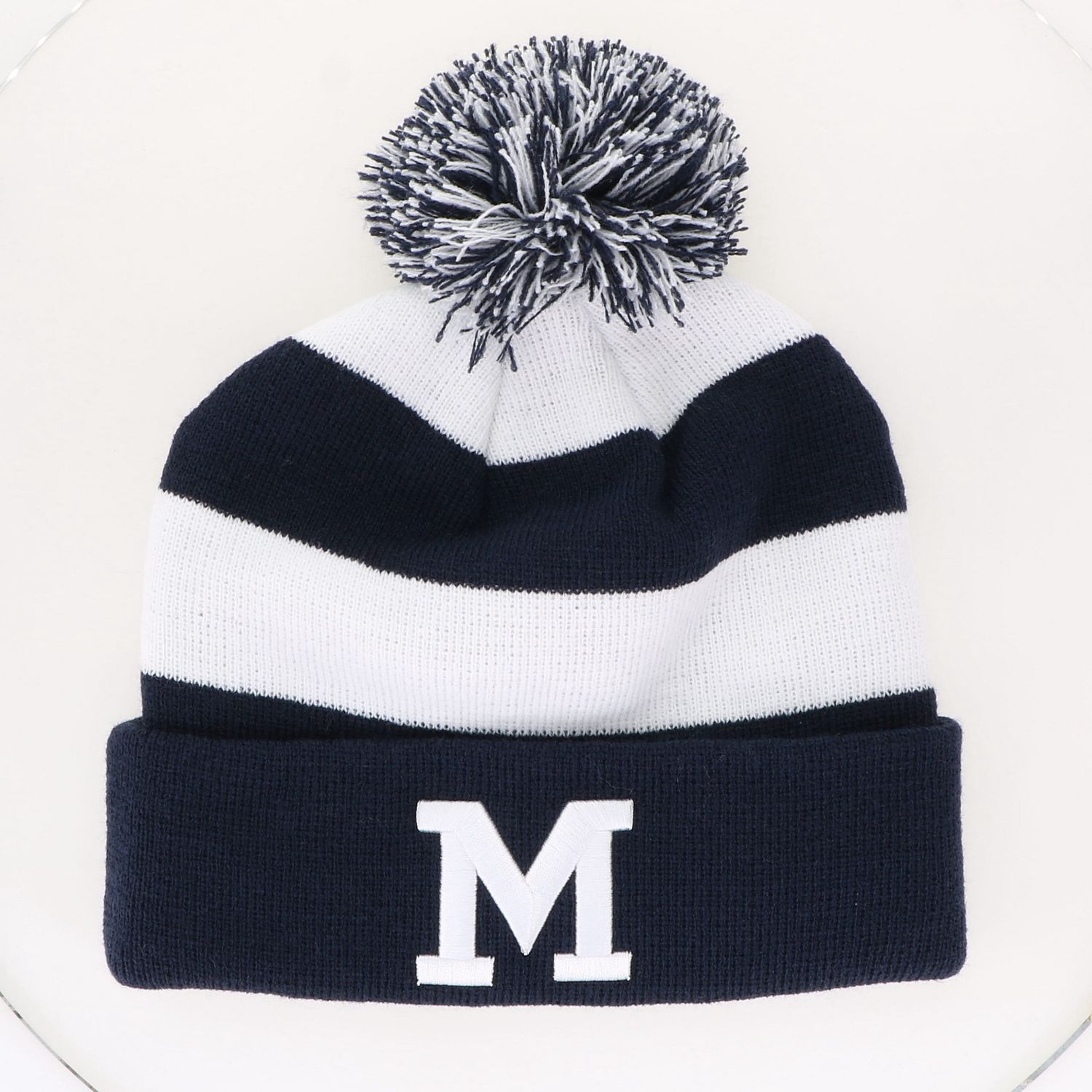 Rugby Stripe Cuff Knit Beanie with Pom