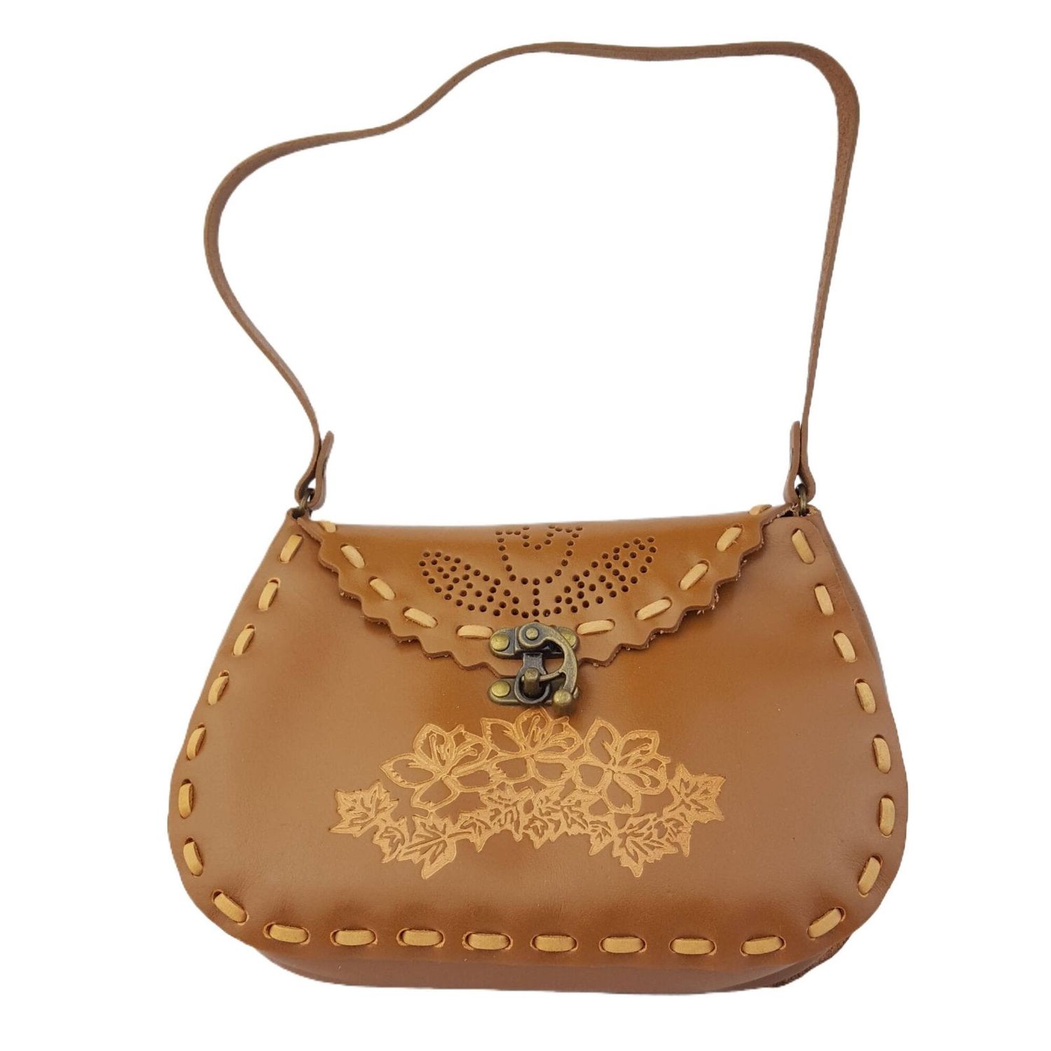 Axesoria West - Genuine Leather Shoulder Handbag with Floral Design