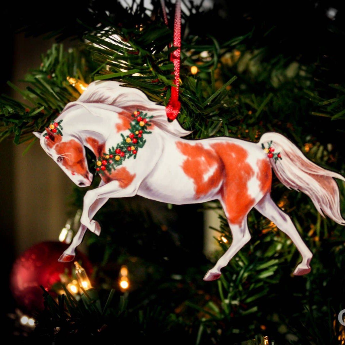 Pinto Horse Christmas Ornament - Chestnut and White Tobiano Horse