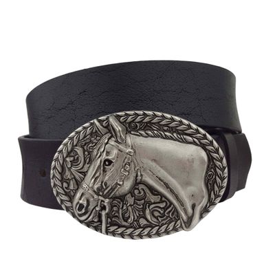 AW Leather Belt w/ Racing Horse Silver Finish Buckle