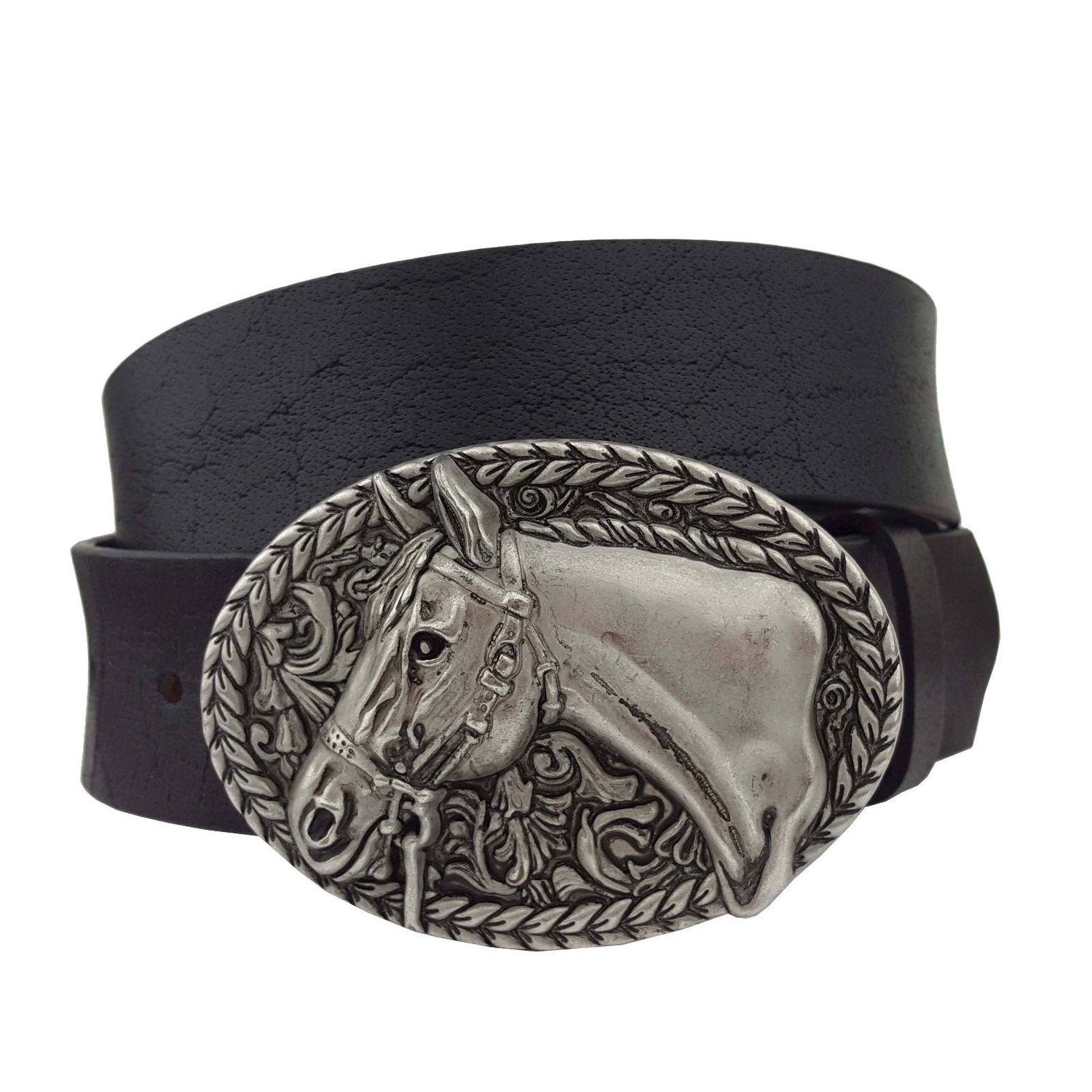 AW Leather Belt w/ Racing Horse Silver Finish Buckle, Color: Black, Size: 30
