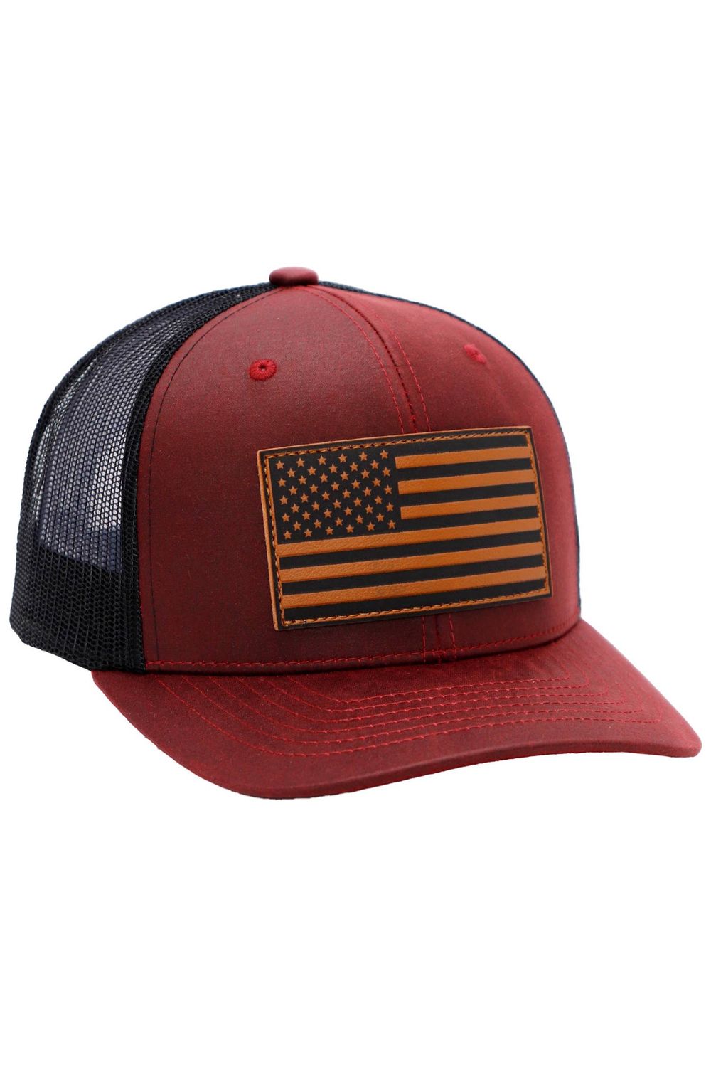 American Flag Patch Oiled Faux Leather Trucker Hat, Color: Burgundy