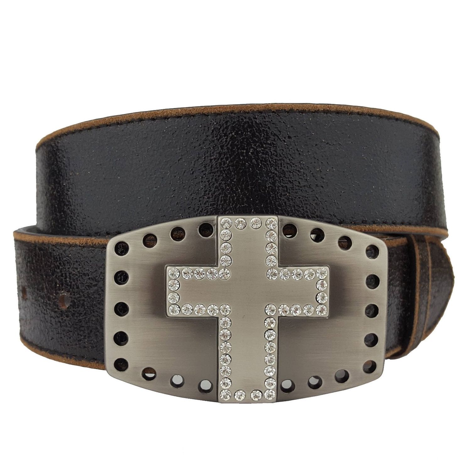 AW Vintage Leather Belt with Cross Buckle, Color: Black, Size: M