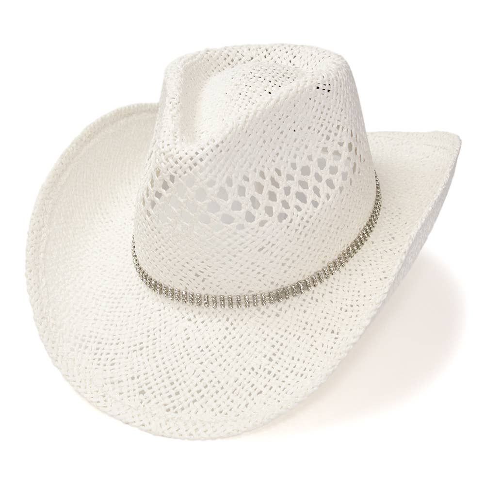 White Straw Western Hat w/ Rhinestone Band