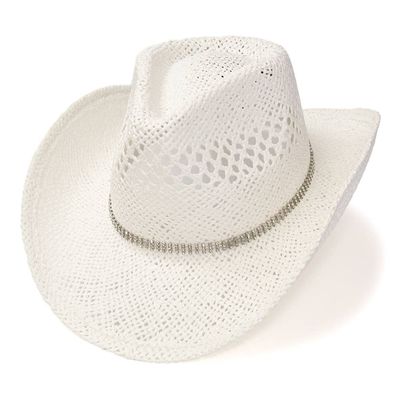 White Straw Western Hat w/ Rhinestone Band