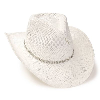 White Straw Western Hat w/ Rhinestone Band