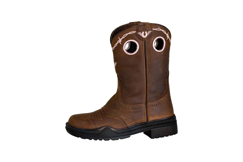 Children's Yosemite Barbed Wire Embroidered Round Toe Western Boots, Color: Brown, Size: 1
