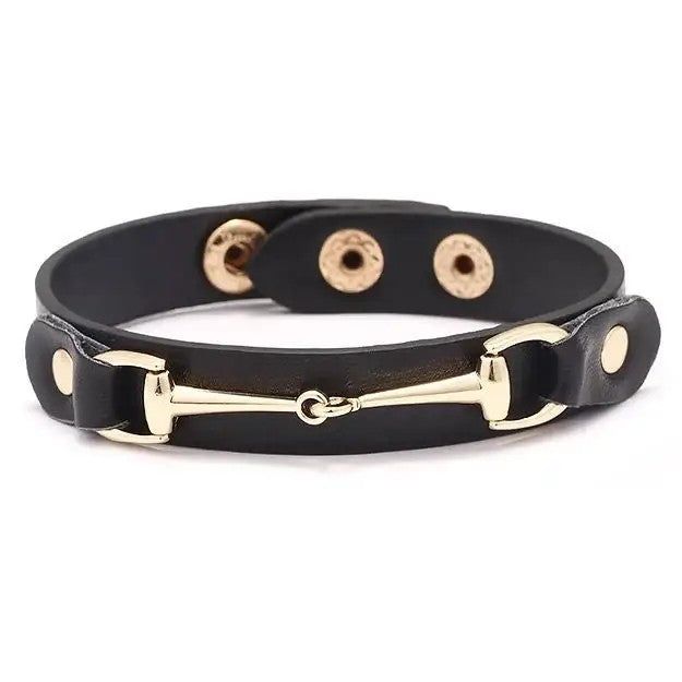 Vegan Leather Gold Snaffle Bit Bracelet, Color: BLK