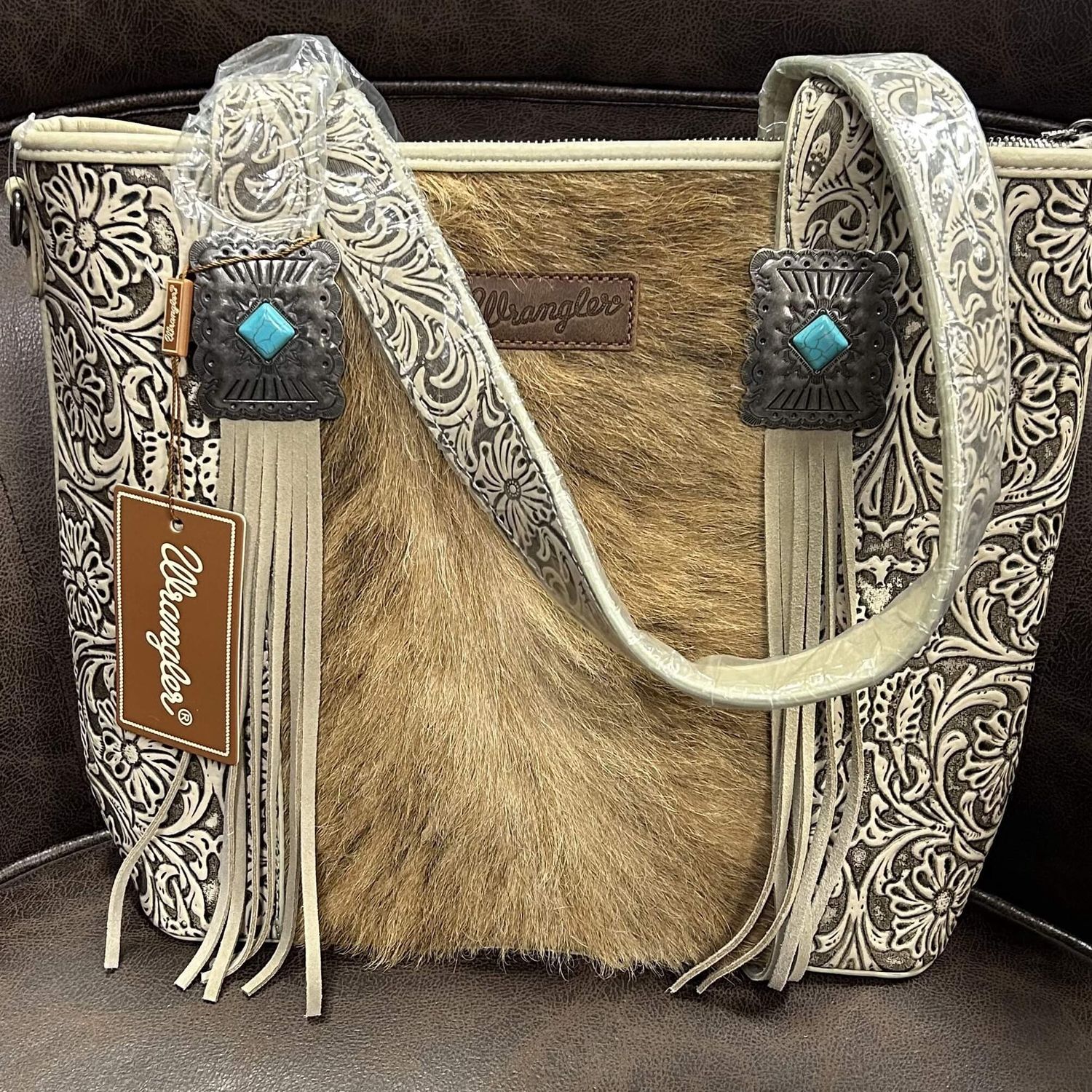 Wrangler Hair-On Cowhide bag, Color: Cowhide Off-White, Size: Large