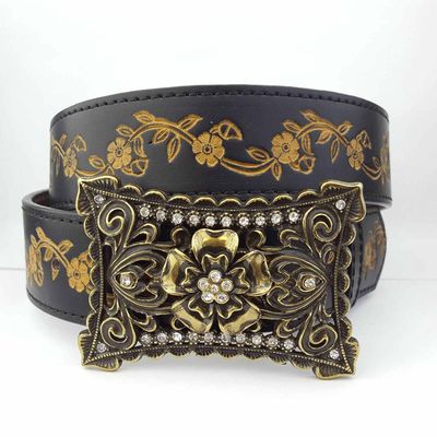 AW Vintage Brass flower Buckle w/ Matching Tooled Belt