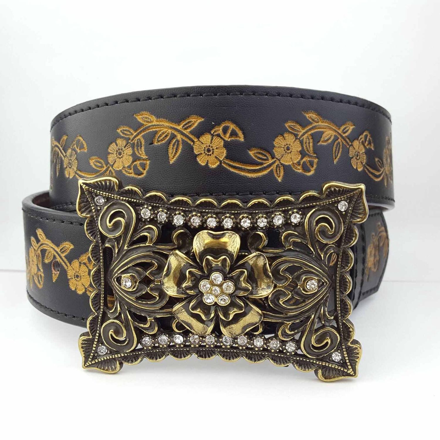 AW Vintage Brass flower Buckle w/ Matching Tooled Belt, Color: Black, Size: S