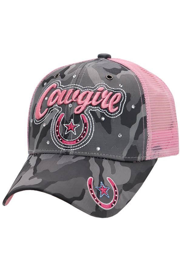Cowgirl Horseshoe Bling Camo Curved Bill Baseball Cap, Color: Gray/Pink