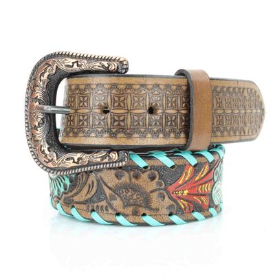 Hand-Painted Floral Belt - Turquoise Whipstitch