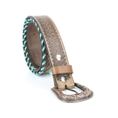 Hand-Painted Floral Belt - Turquoise Whipstitch
