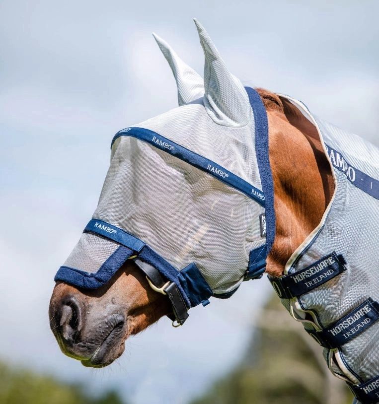 Horseware® Rambo® Plus Fly Mask, Color: Silver/Navy, Size: Cob