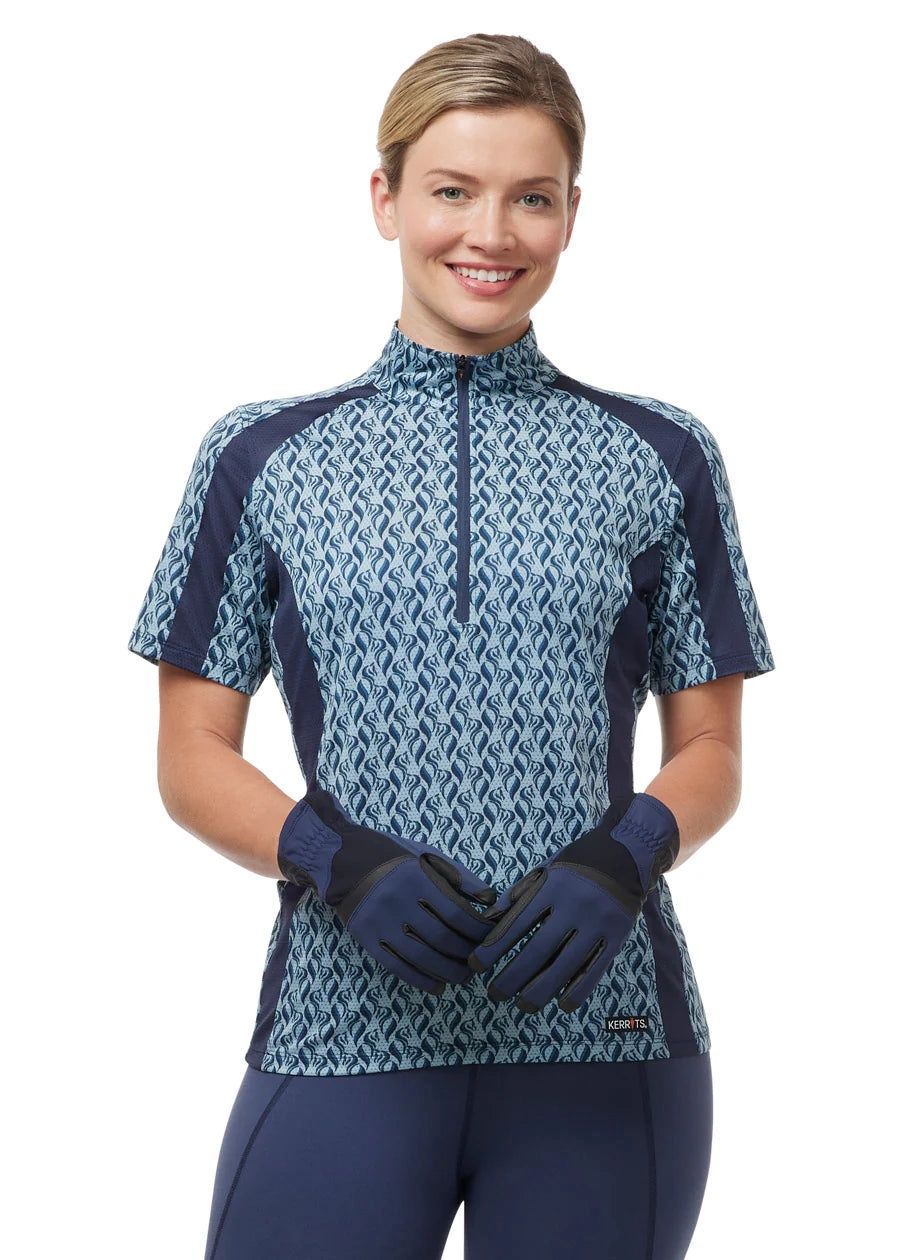Kerrits CA Ice Fil® Short Sleeve Riding Shirt, Color Patterns: Atlantic Horsetails/ Nightsky, Size: 1X