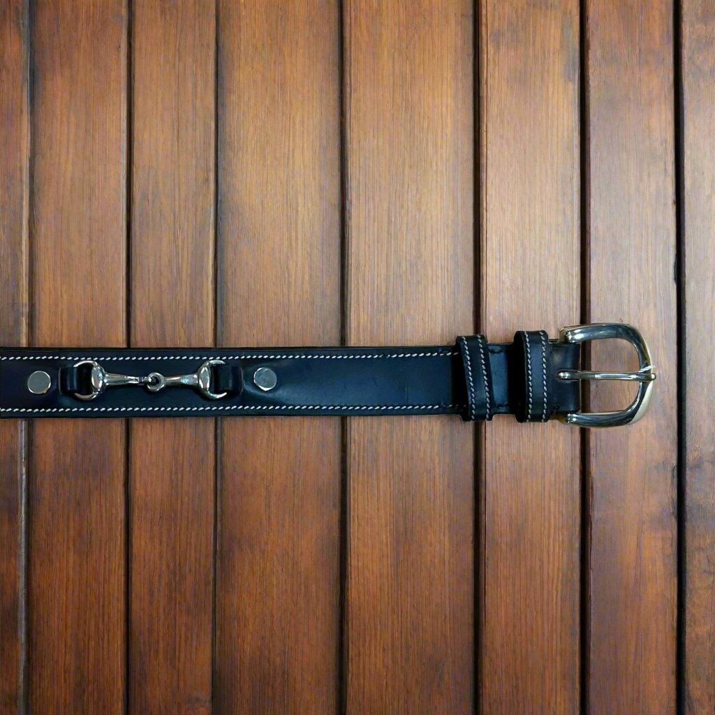 Equestrian Leather Snaffle Bit Belt, COLORS: Brown w/ White Stitching, Size: 19"