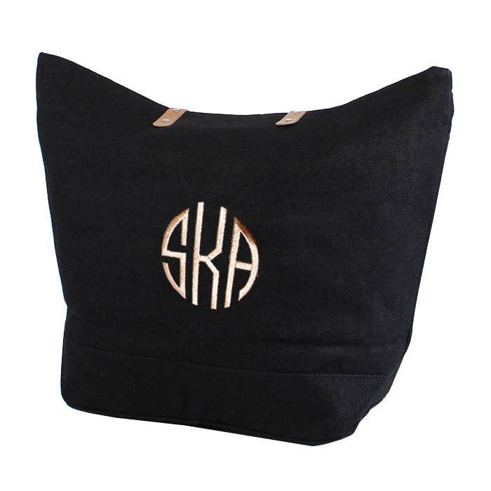 Leather Handle Burlap Tote, Color: Black