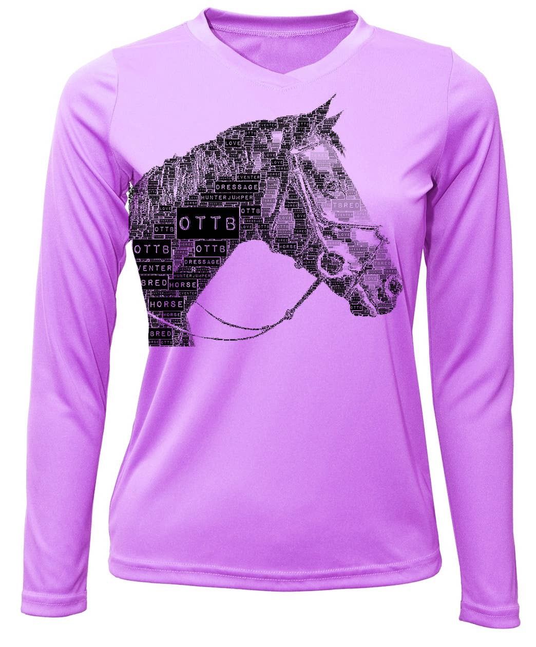 Noble Pony UPF-50 long sleeve V-neck LILAC color OTTB performance shirt, Size: S