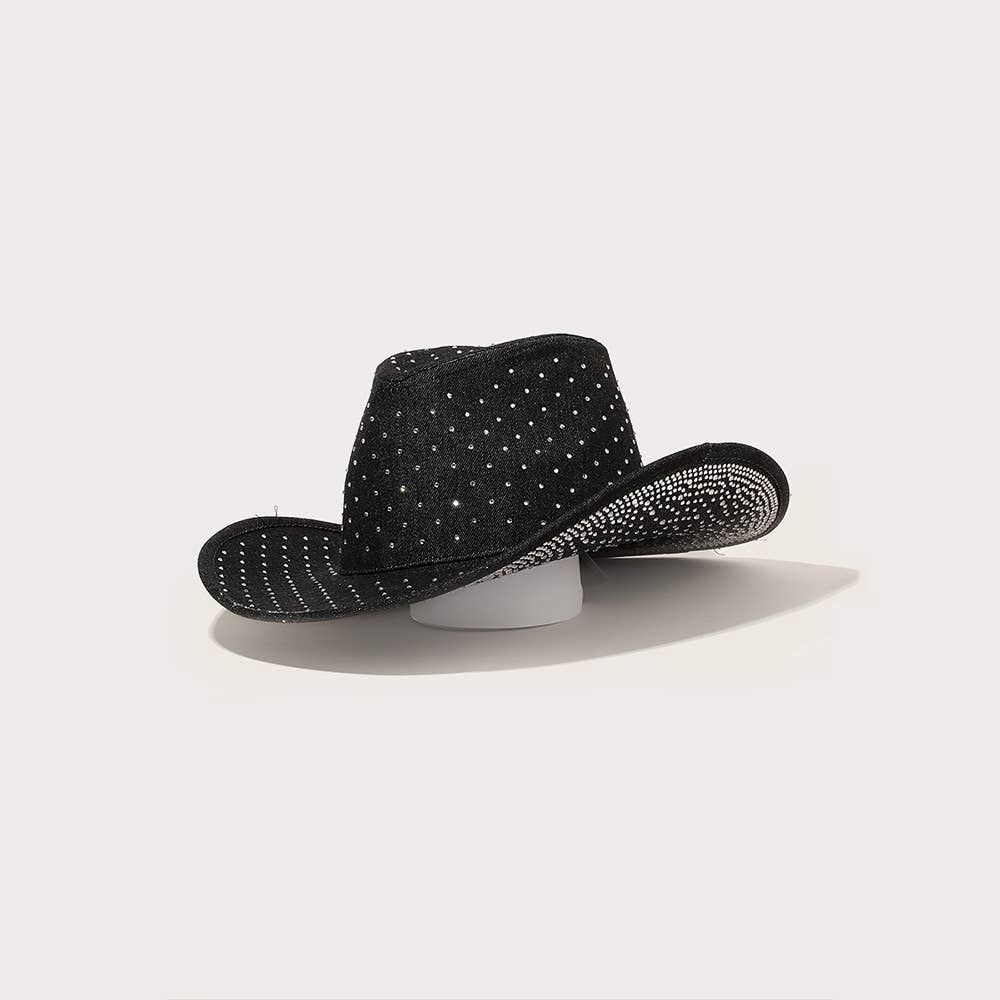 Rhinestone Studded Denim Cowboy Hat, Color: BK